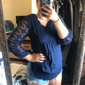 Navy Blue Lace Boho Women’s Blouse Long Sleeved